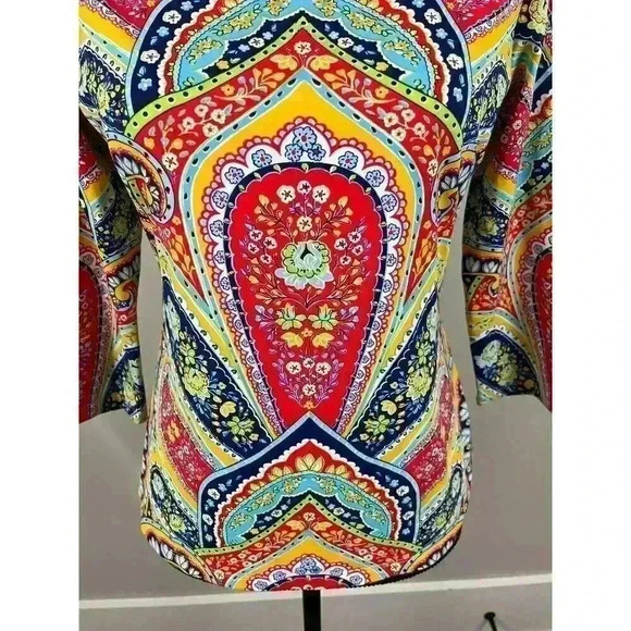 J. Mclaughlin Geometric Catalina Cloth Blouse S Colorful 3/4 Sleeve Spandex - Picture 3 of 12
